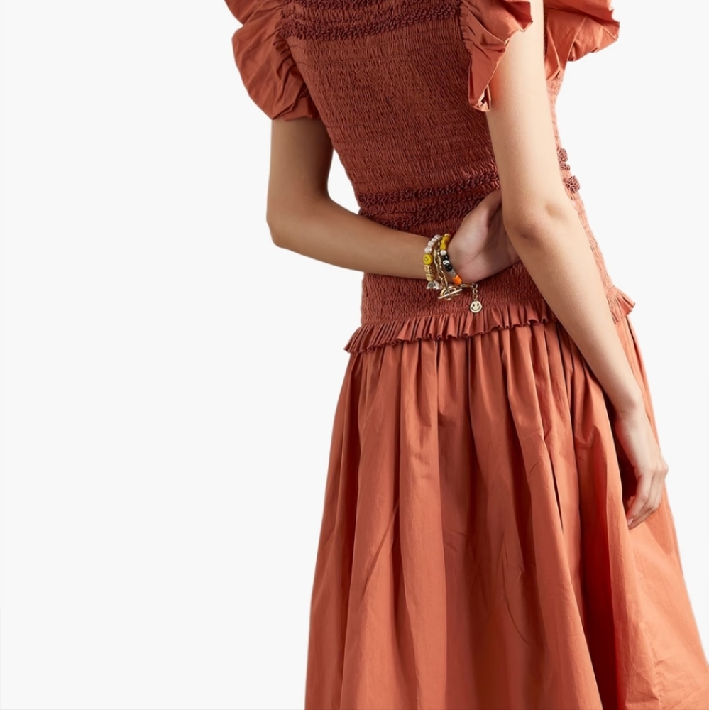 ULLA JOHNSON Madeline smocked cotton-jersey and cotton-poplin midi Dress Size 2 - Picture 5 of 7